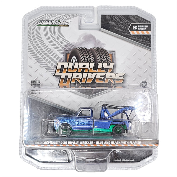 Greenlight - 1969 Chevrolet C-30 Dually Wrecker - Blue & Black with Flames - 2021 Dually Drivers Series *Chase*